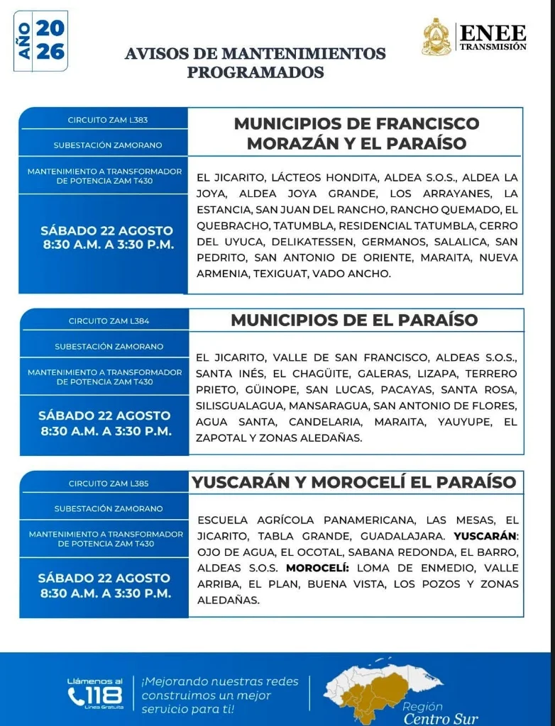Cortes de energía en El Paraíso este sábado 22 de agosto de 2026.