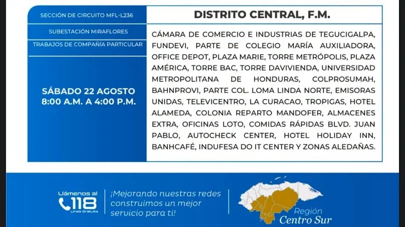 Cortes de energía en el Distrito Central el sábado 22 de agosto de 2026.