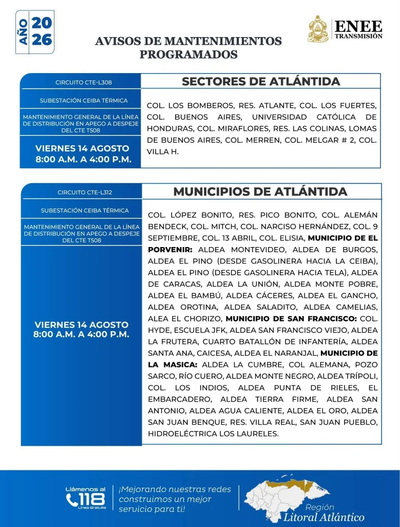 Cortes de energía en Atlántida para este viernes 14 de agosto de 2026.