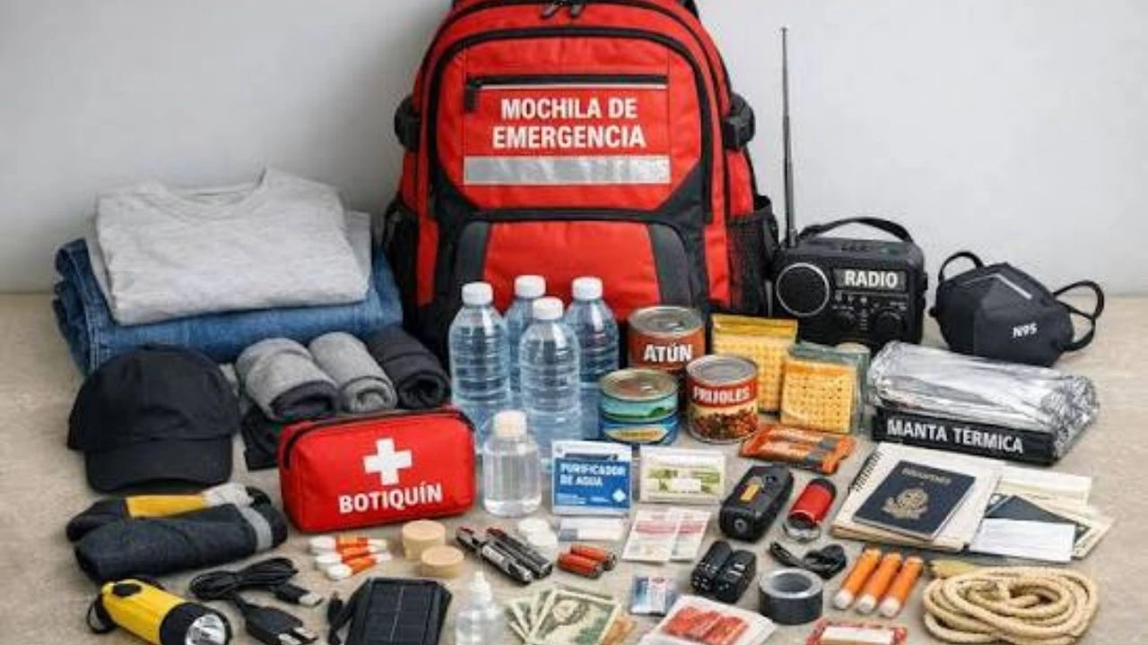 Imagen de referencia de los artículos que debe contener una mochila de emergencia. 