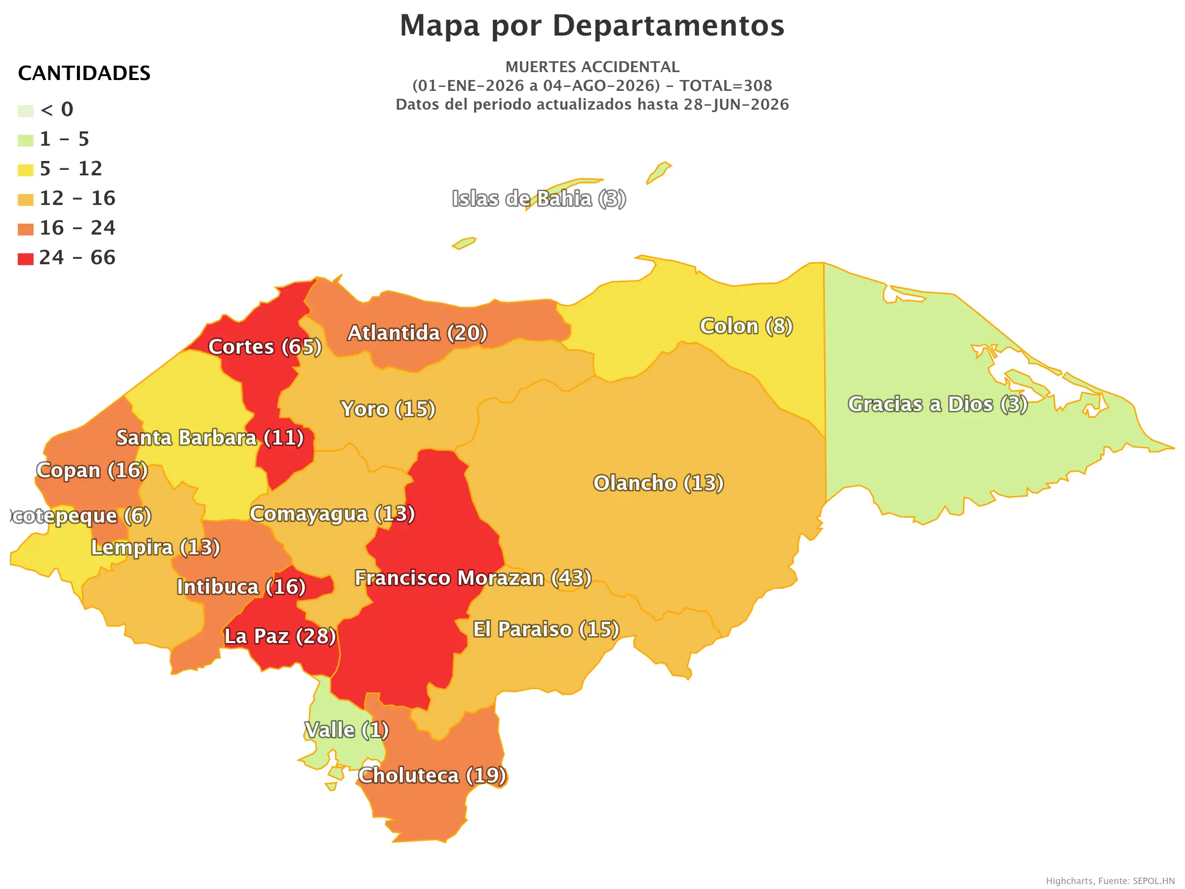 Mapa de muertes accidentales en Honduras
