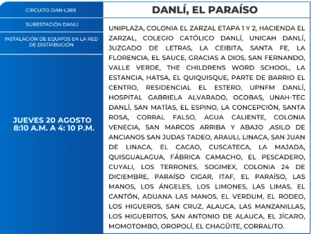 Foto de las Zonas de Danlí y El Paraíso que estarán sin energía eléctrica este jueves 20 de agosto, según la ENEE.