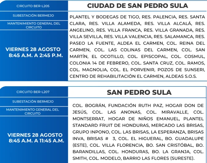Foto de las Zonas de San Pedro Sula que estarán sin energía este viernes 28 de agosto, según la ENEE.