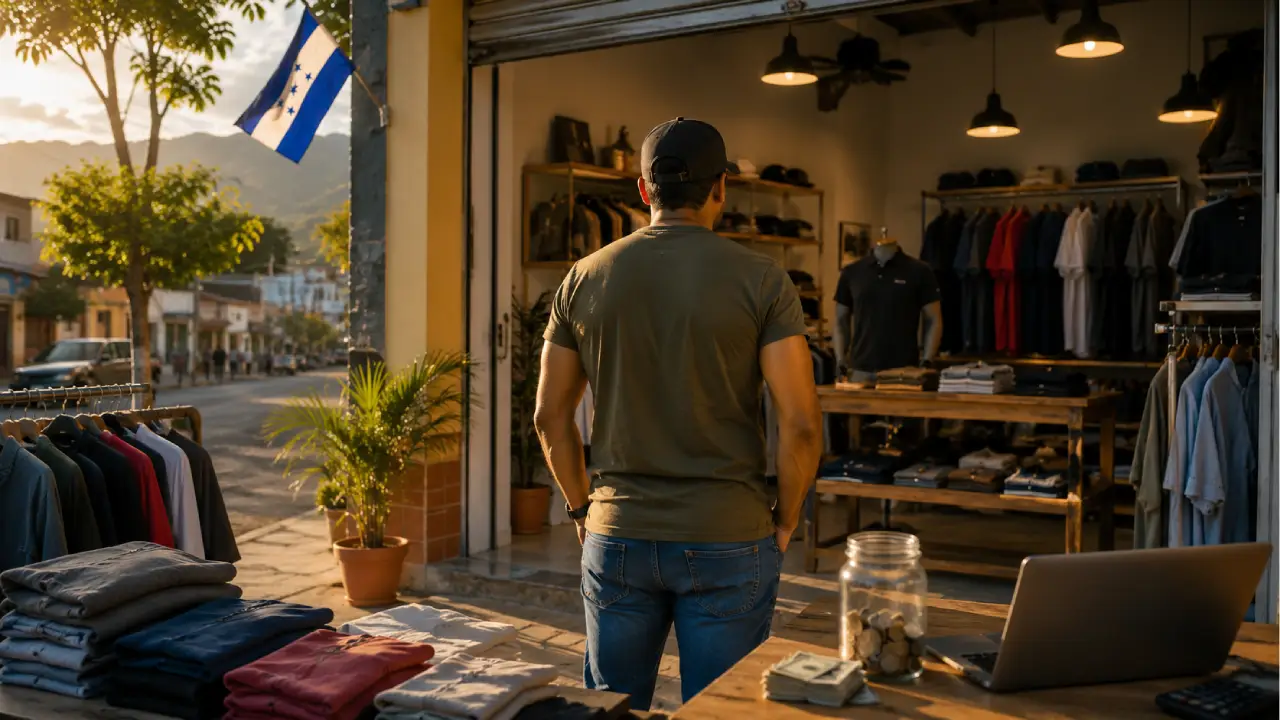 Imagen de referencia que muestra a un hombre contemplando su emprendimiento, una tienda de ropa.