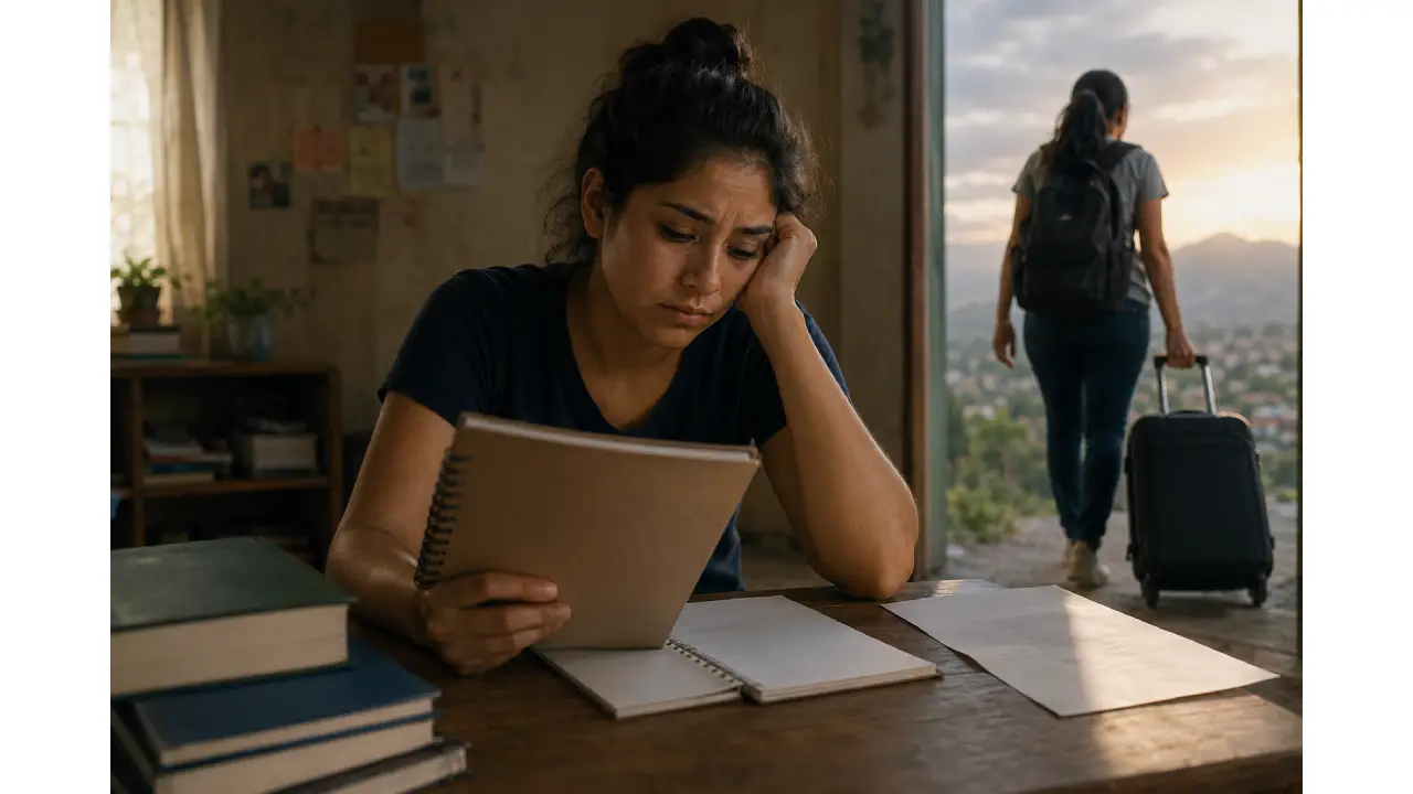 Imagen creada con IA que muestra a una joven preocupada porque no puede estudiar y debe emigrar.