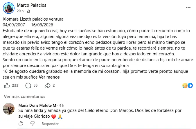 Mensaje del padre de Xiomara Palacios