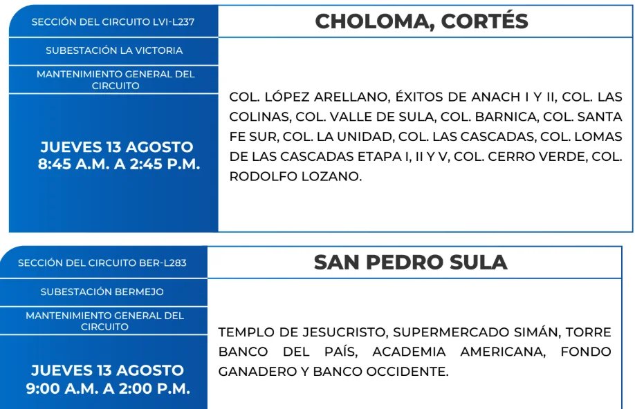 Foto de las Zonas de Choloma, Cortés y San pedro Sula que estarán sin energía este jueves 13 de agosto, según la ENEE.