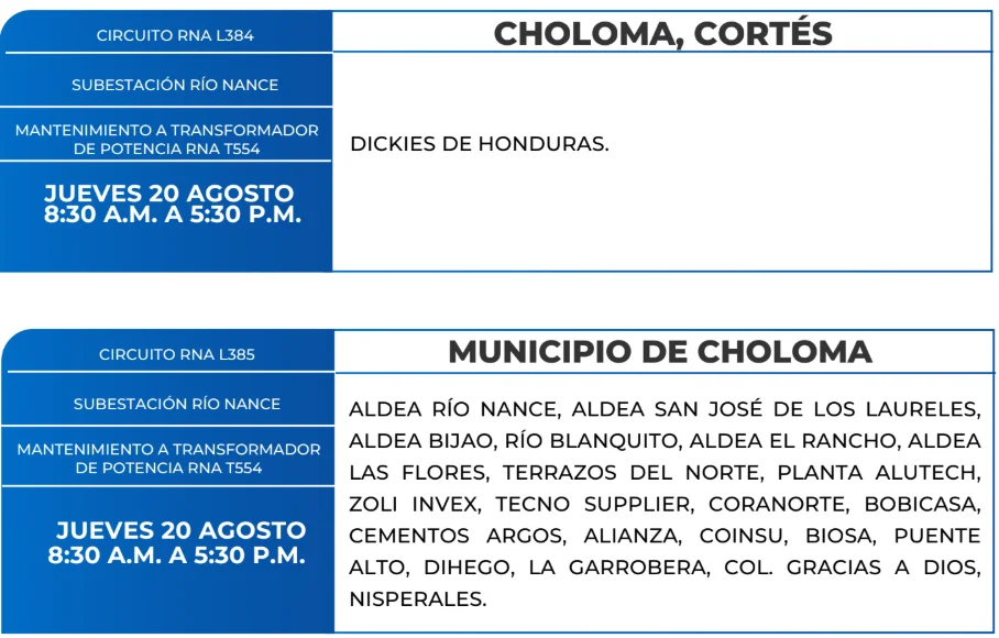Foto de las Zonas de Choloma, Cortés que estarán sin energía eléctrica este jueves 20 de agosto, según la ENEE.