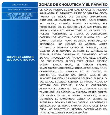Foto de las Zonas de Choluteca y El Paraíso que estarán sin energía eléctrica este jueves 20 de agosto, según la ENEE.