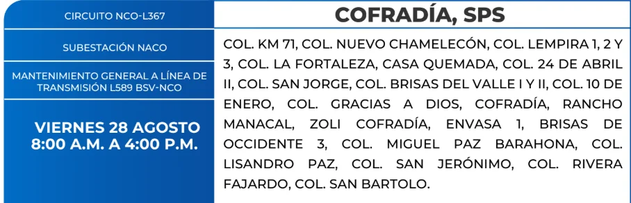 Foto de las Zonas de Cofradía, San Pedro Sula que estarán sin energía este viernes 28 de agosto, según la ENEE.