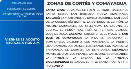 Foto de las Zonas de Cortés y Comayagua que estarán sin energía este viernes 28 de agosto, según la ENEE.