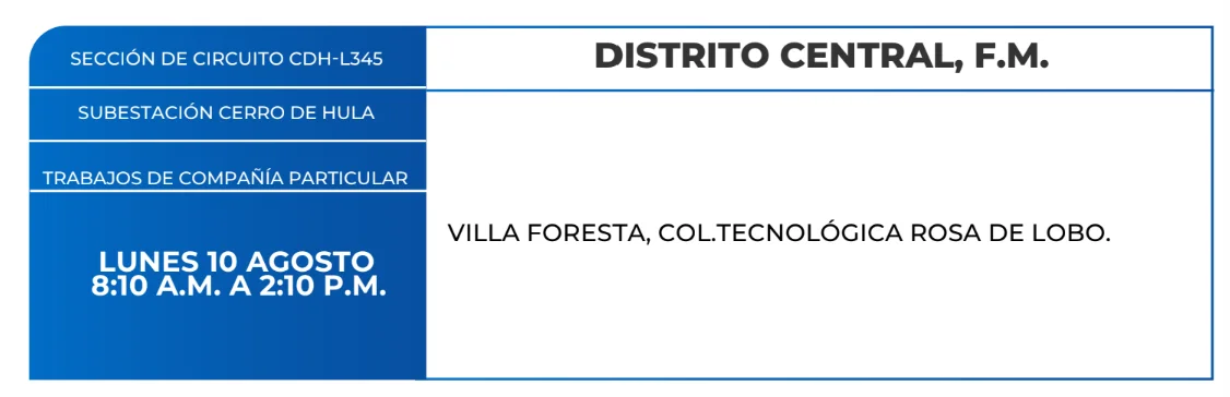 Foto de las Zonas de el Distrito Central que estarán sin energía este lunes 9 de agosto, según la ENEE.