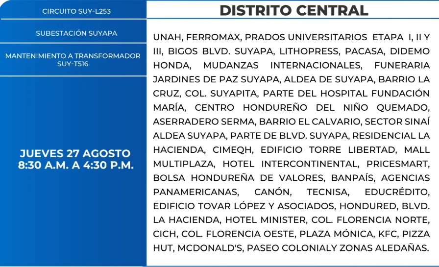 Foto de las Zonas de el Distrito Central que estarán sin energía este jueves 27 de agosto, según la ENEE.