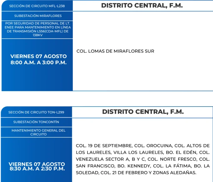 Foto de las Zonas de el Distrito Central que estarán sin energía este viernes 7 de agosto, según la ENEE.