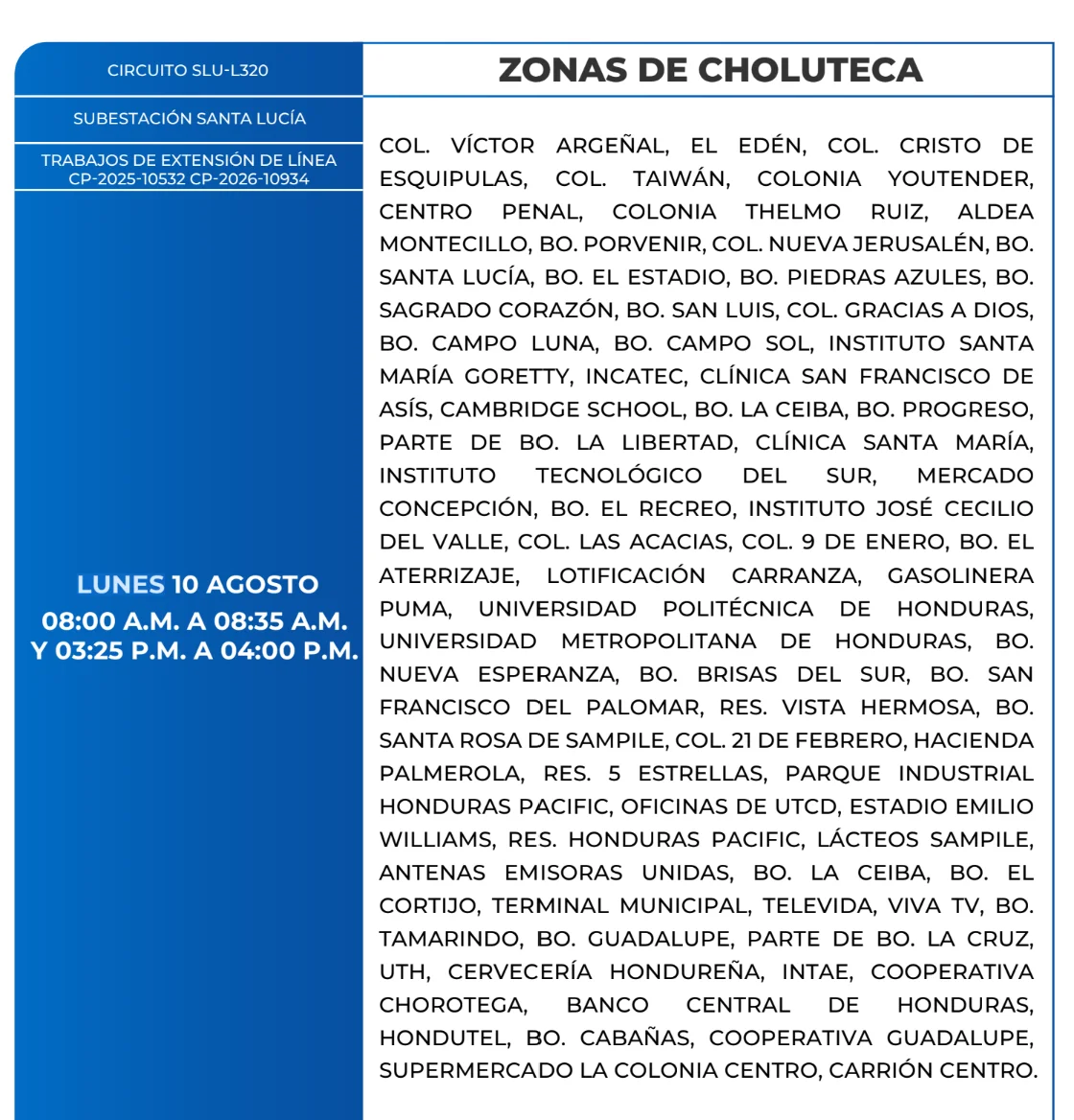 Foto de las Zonas de Choluteca que estarán sin energía este lunes 9 de agosto, según la ENEE.