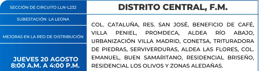 Foto de las Zonas de el Distrito Central que estarán sin energía eléctrica este jueves 20 de agosto, según la ENEE.