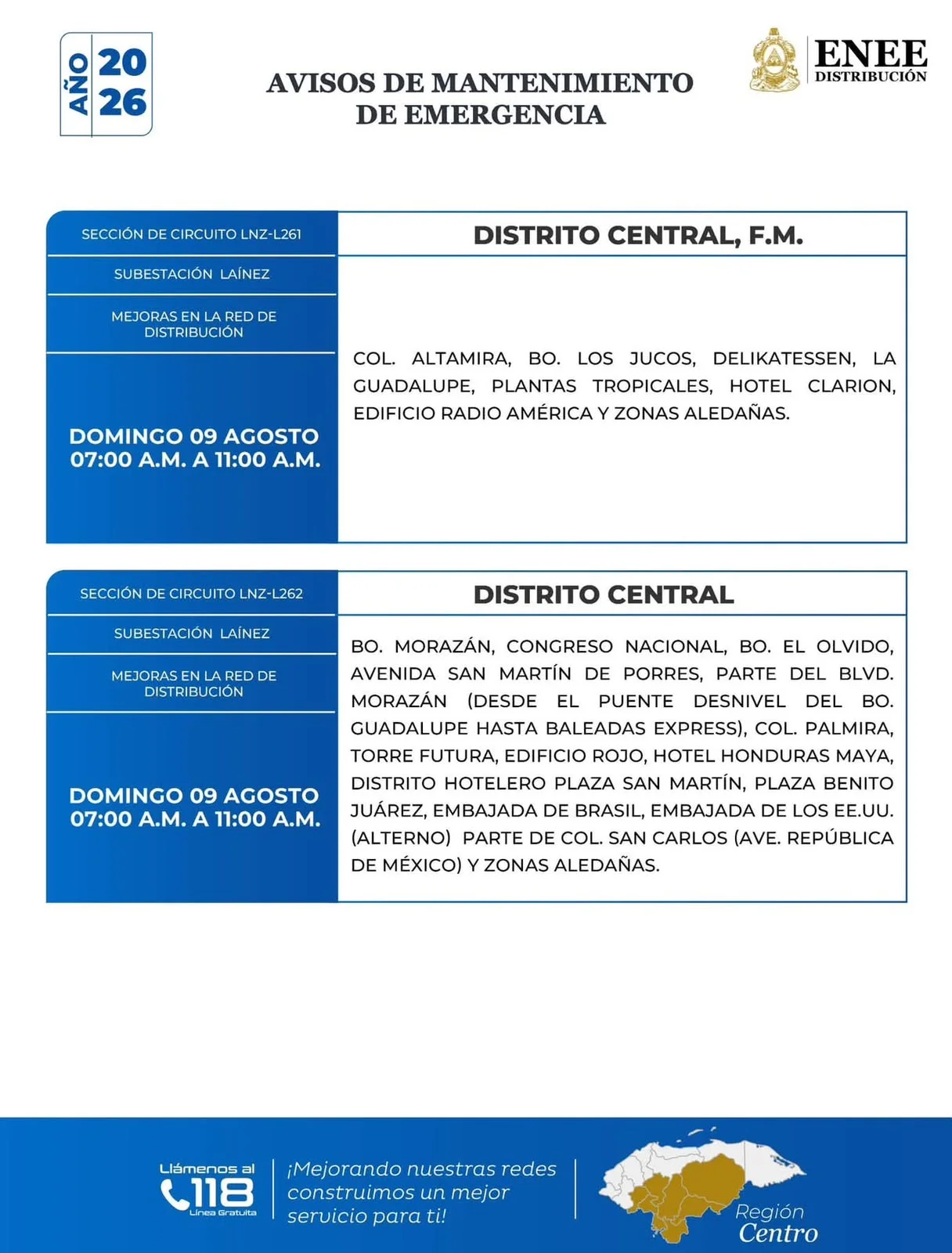 Foto de Zonas de el Distrito Central que estarán sin energía este domingo 9 de agosto, según la ENEE.