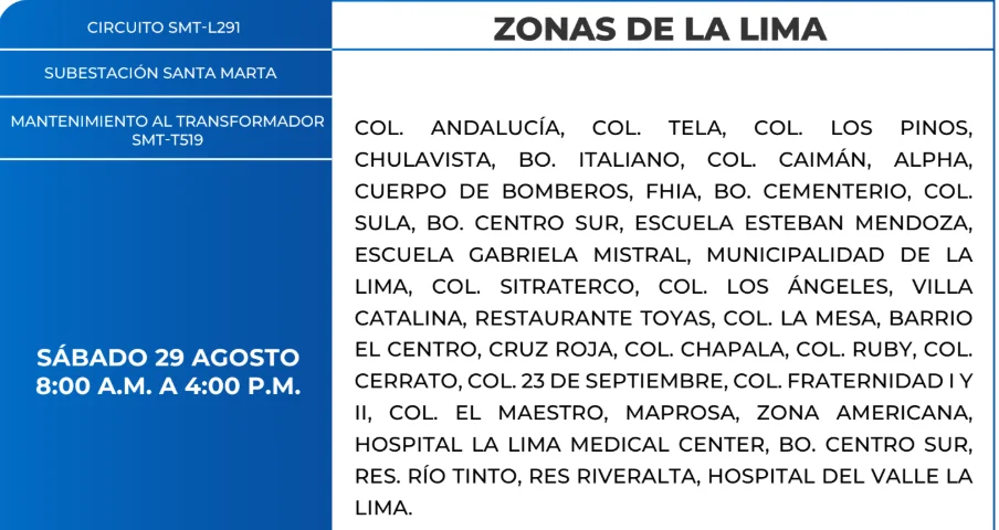 Zonas de La Lima que estarán sin energía este sábado 29 de agosto, según la ENEE.