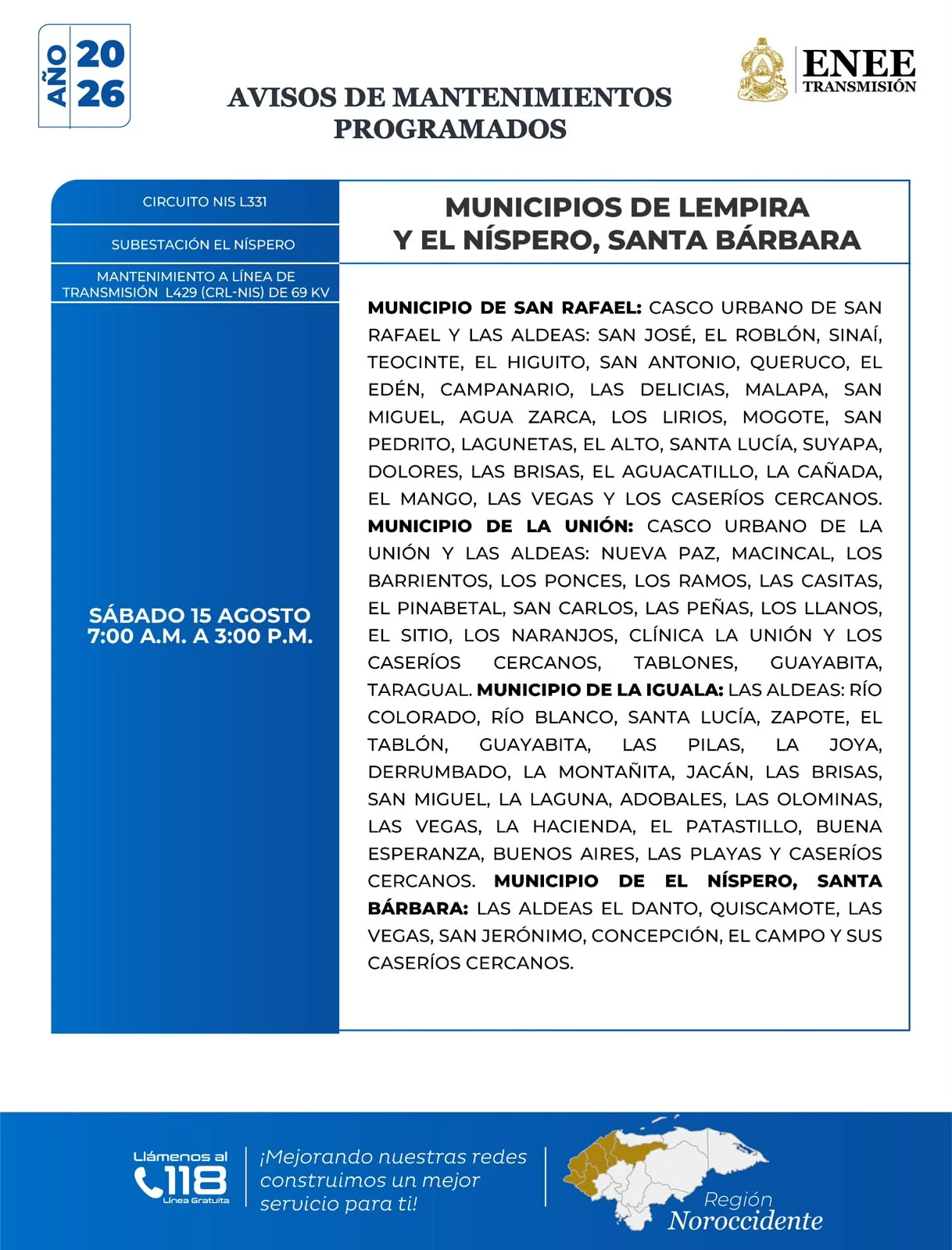 Foto de Municipios de Lempira y El Níspero, Santa Bárbara que estarán sin energía este sábado 15 de agosto, según la ENEE.