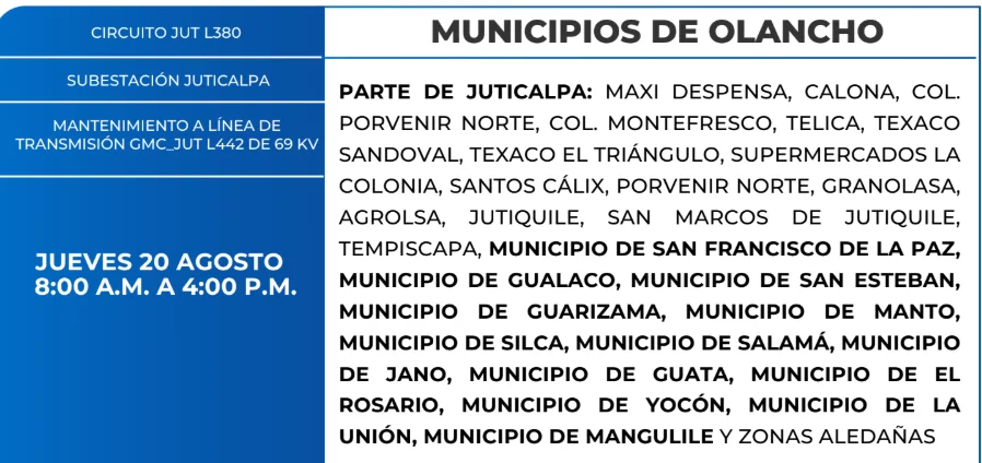 Foto de las Zonas de Olancho que estarán sin energía eléctrica este jueves 20 de agosto, según la ENEE.