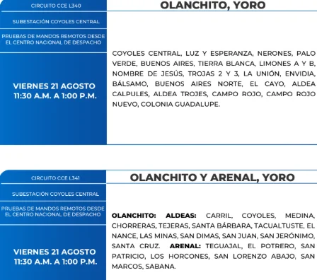 Foto de las Zonas de Olanchito, Yoro y Arenal que estarán sin energía este viernes 21 de agosto, según la ENEE.