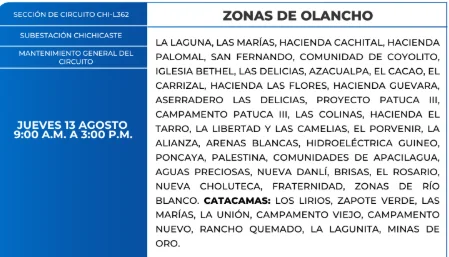 Zonas de Olancho que estarán sin energía este jueves 13 de agosto, según la ENEE.