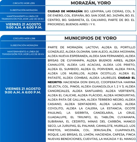 Foto de las Zonas de Yoro que estarán sin energía este viernes 21 de agosto, según la ENEE.