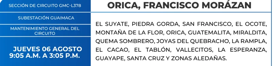 Foto de lasd Zonas de Orica, Francisco Morazán que estarán sin energía este jueves 6 de agosto, según la ENEE.