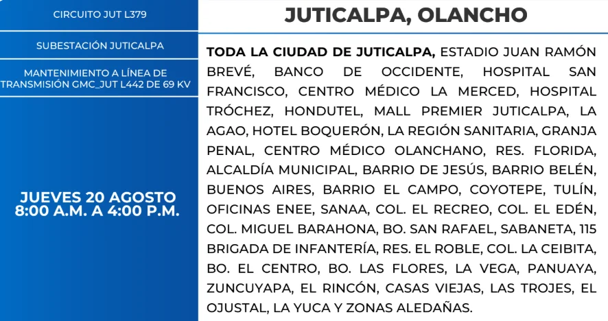 Foto de las Zonas de Juticalpa, Olancho que estarán sin energía eléctrica este jueves 20 de agosto, según la ENEE.