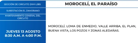 Foto de Zonas de Morocelí, El Paraíso que estarán sin energía este jueves 13 de agosto, según la ENEE.