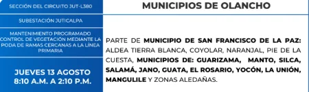 Foto de las Zonas de Olancho que estarán sin energía este jueves 13 de agosto, según la ENEE.