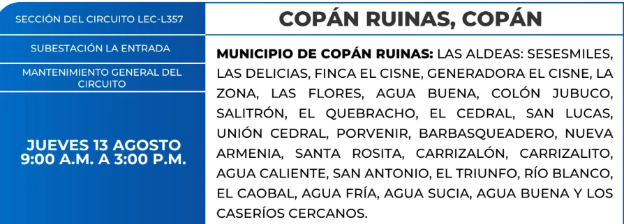 Foto de las Zonas de Copán Ruinas que estarán sin energía este jueves 13 de agosto, según la ENEE.