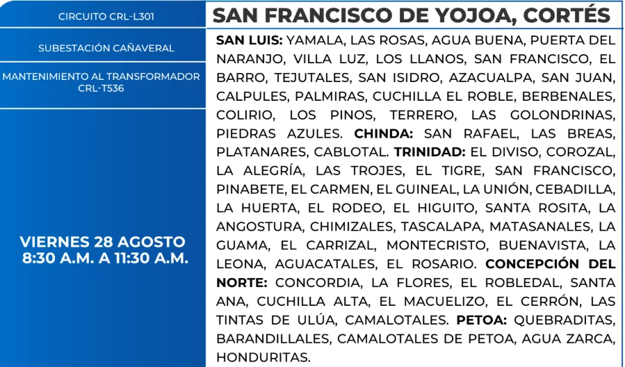 Foto de las Zonas de San Francisco de Yojoa, Cortés que estarán sin energía este viernes 28 de agosto, según la ENEE.