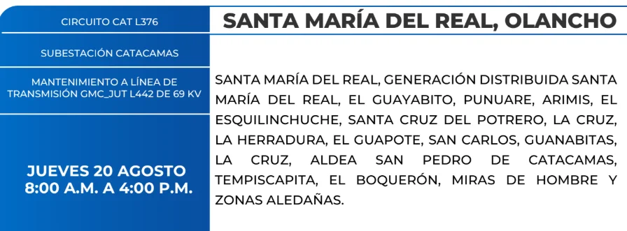 Foto de las Zonas deSanta María, Olancho que estarán sin energía eléctrica este jueves 20 de agosto, según la ENEE.