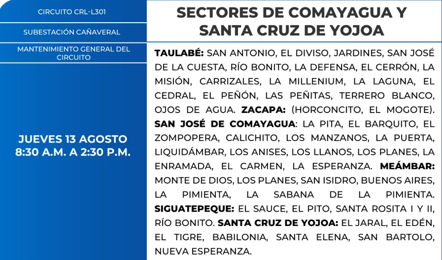 Foto de las Zonas de Comayagua y Santa Cruz de Yojoa que estarán sin energía este jueves 13 de agosto, según la ENEE.