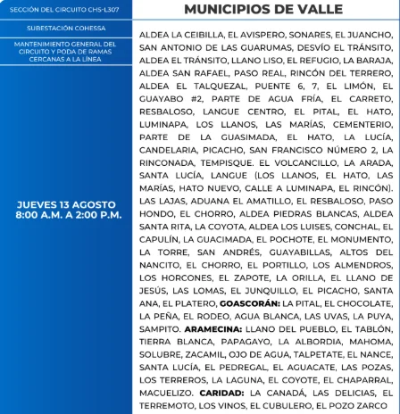 Foto de las Zonas de Vale que estarán sin energía este jueves 13 de agosto, según la ENEE.