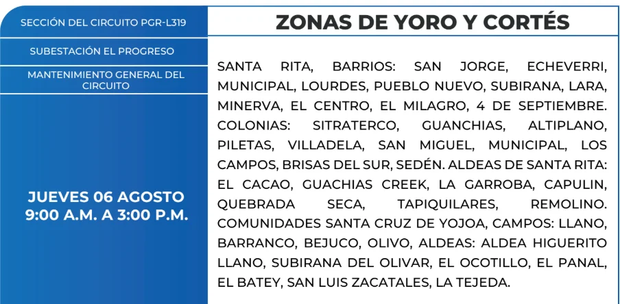 Foto de las Zonas de Yoro y Cortés que estarán sin energía este jueves 6 de agosto, según la ENEE.