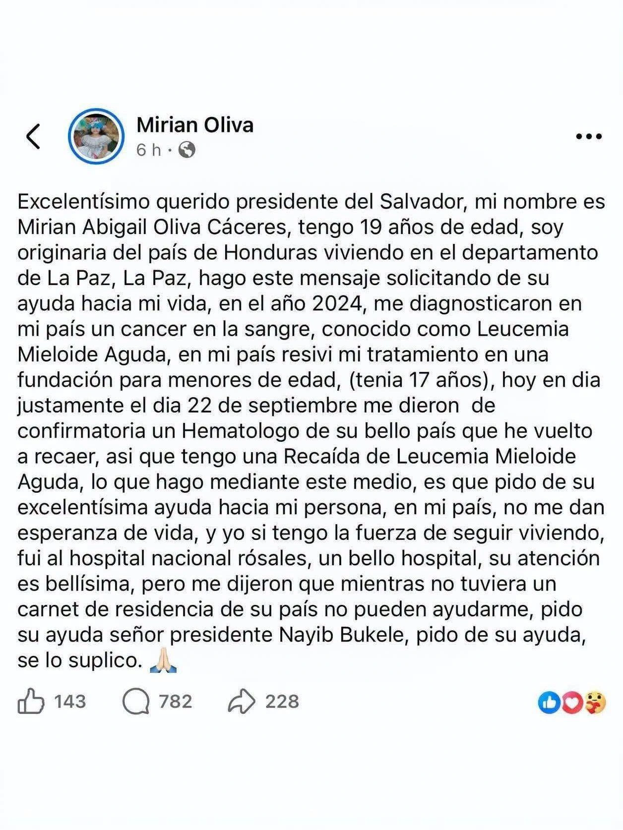 Publicación de Mirian Abigail Oliva en sus redes sociales.