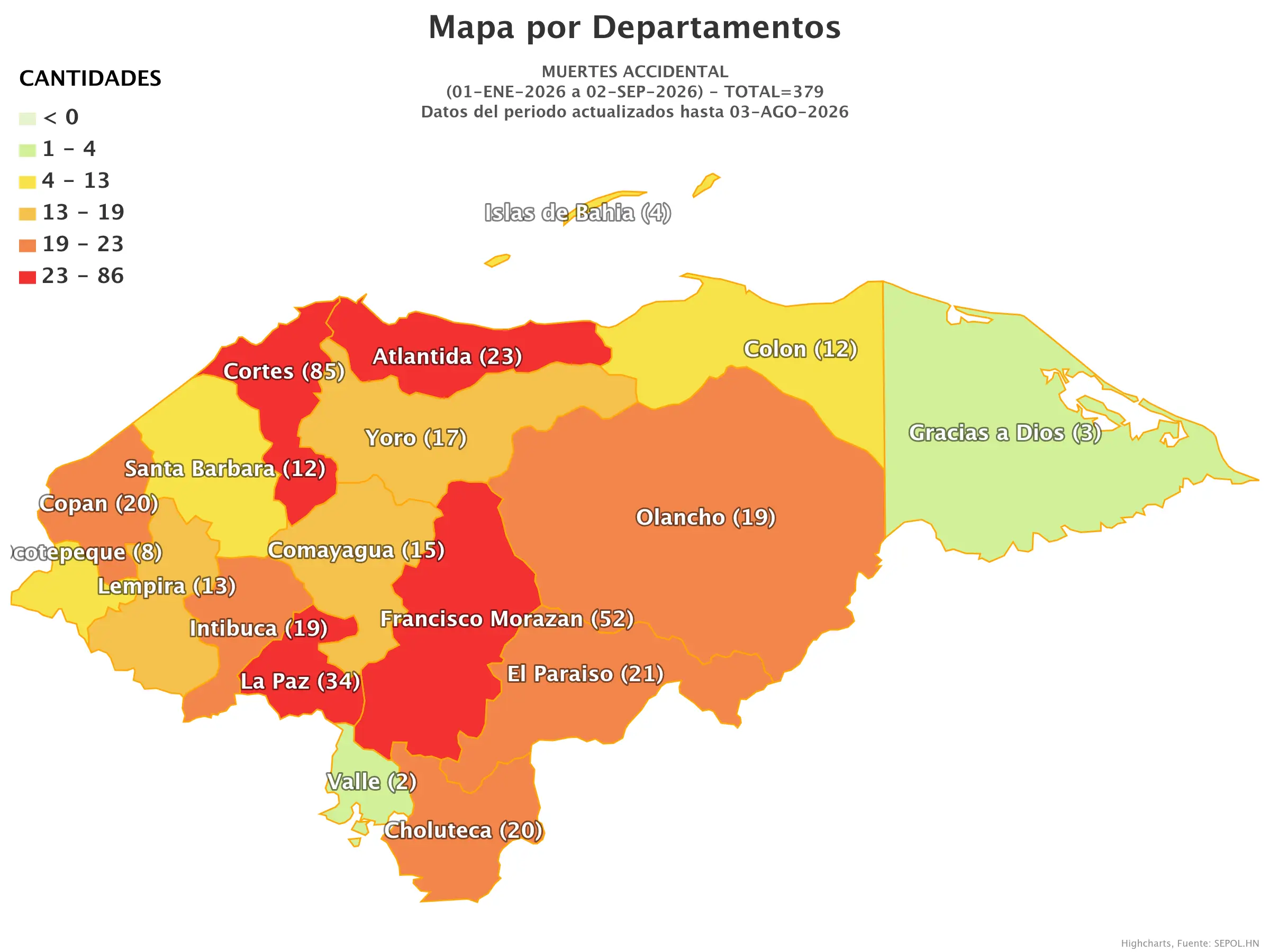 Mapa de muertes accidentales en Honduras 