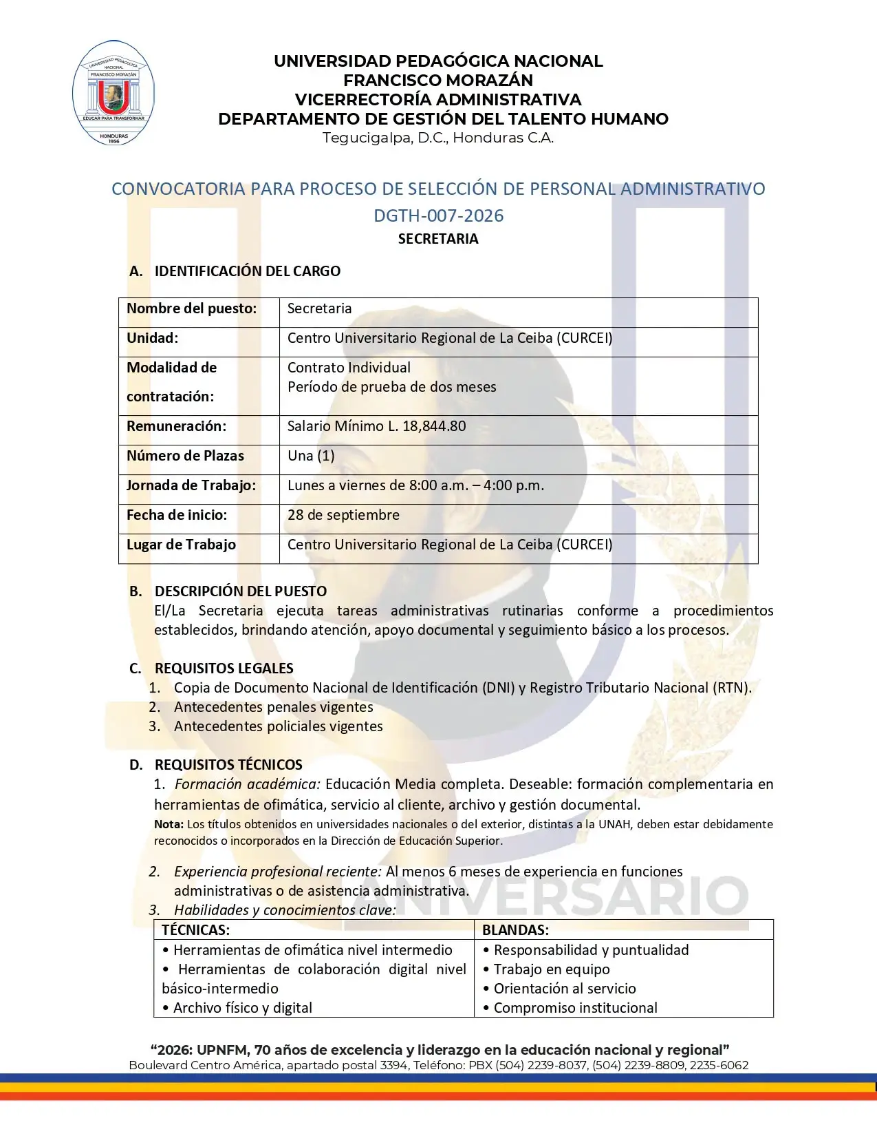 UPNFM ofrece empleos