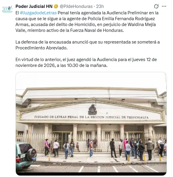 Posteo en redes sociales del Poder Judicial sobre el caso Waldina Mejía