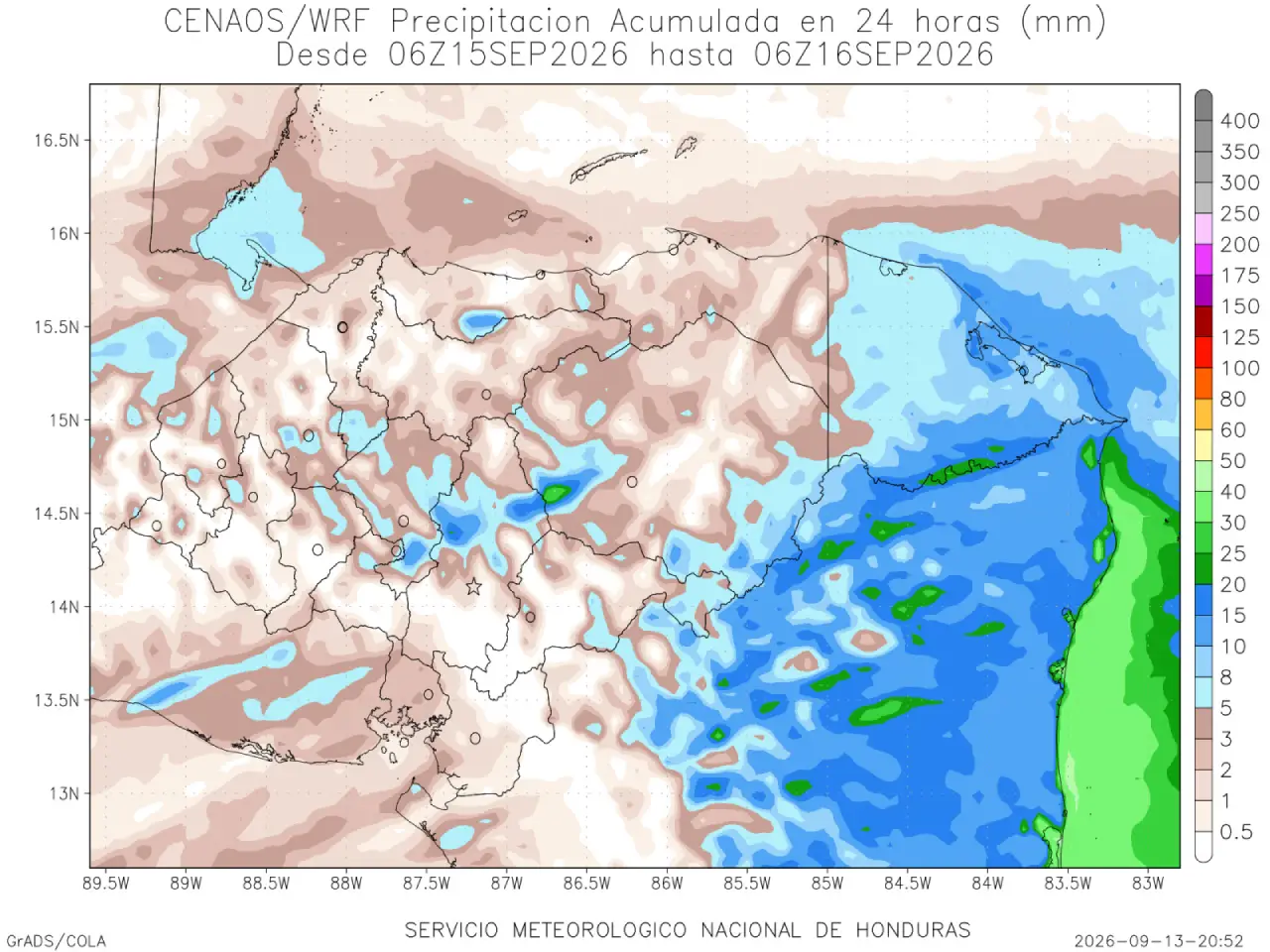 Mapa de precipitación para el 15 y 16 de septiembre 