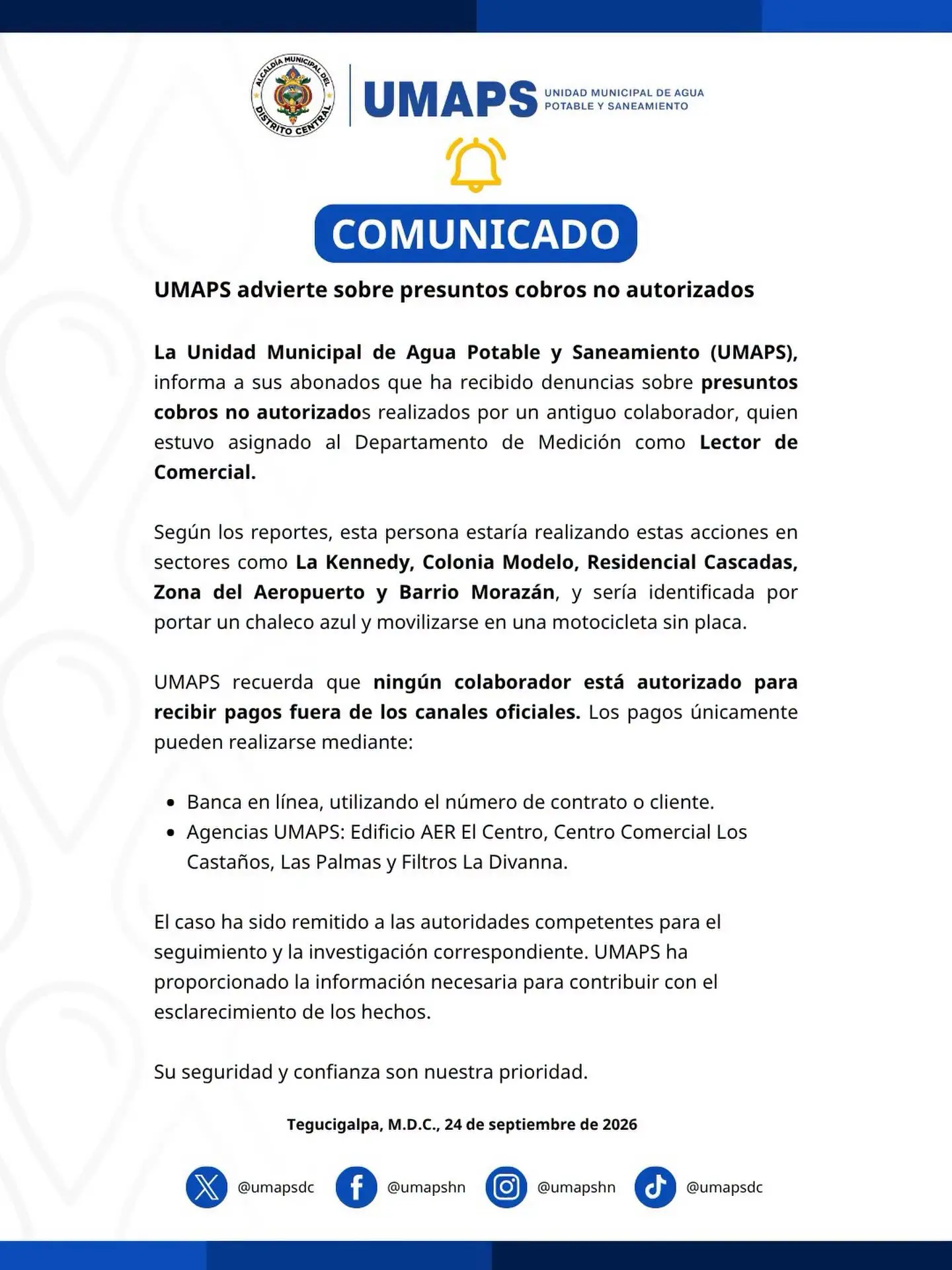 comunicado del UMAPS sobre exempleado que estaría estafando en Tegucigalpa