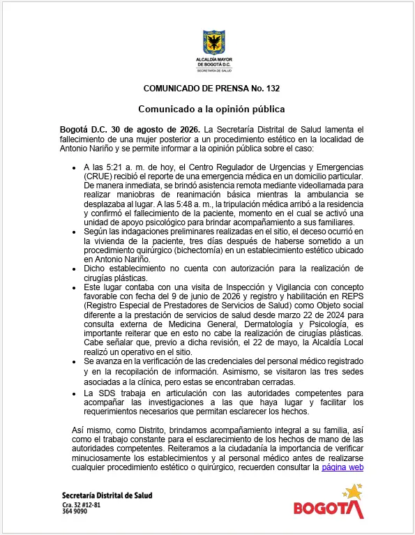 Comunicado de las autoridades de Salud de Colombia sobre el caso de la mujer que muere tras una bichectomía 
