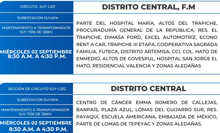 Foto de las Zonas de el Distrito Central que estarán sin energía este miércoles 2 de septiembre, según la ENEE.
