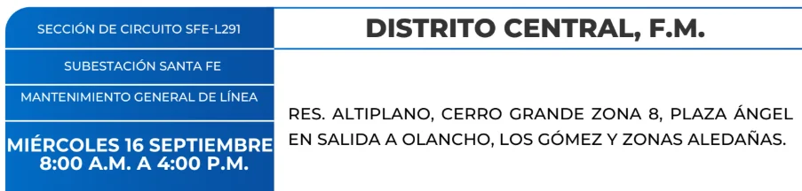 Foto de las Zonas de el Distrito Central estarán sin energía eléctrica para este miércoles 16 de septiembre, según la ENEE.