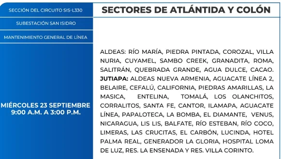 Foto de las Zonas de Atlántida y Colón que estarán sin energía eléctrica este miércoles 23 de septiembre, según la ENEE.