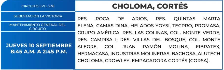 Foto de las Zonas de Choloma, Cortés que estarán sin energía este jueves 10 de septiembre, según la ENEE.