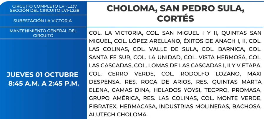 Foto de las Zonas de Choloma, San Pedro Sula, Cortés estarán sin energía este jueves 1 de octubre de 2026, según la ENEE.