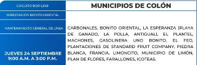 Foto de las Zonas en Colón que estarán sin energía eléctrica este jueves 24 de septiembre, según la ENEE.